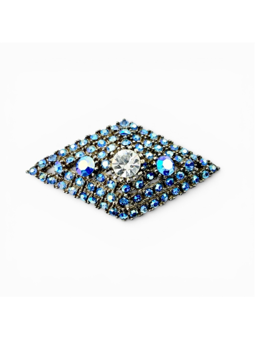 Blue Rhinestone Brooch Navette AB Crystal Vintage Mid Century Silver Tone Pin